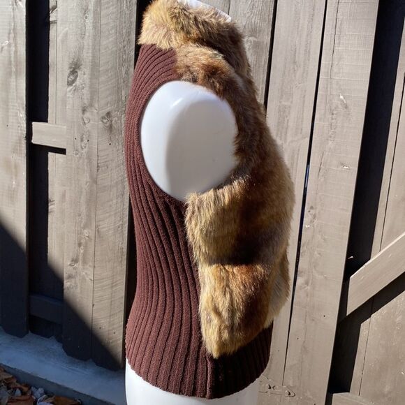 New Faux Fur Front Ribbed Knit Back and Hem Full Zip Vest - Picture 2 of 5